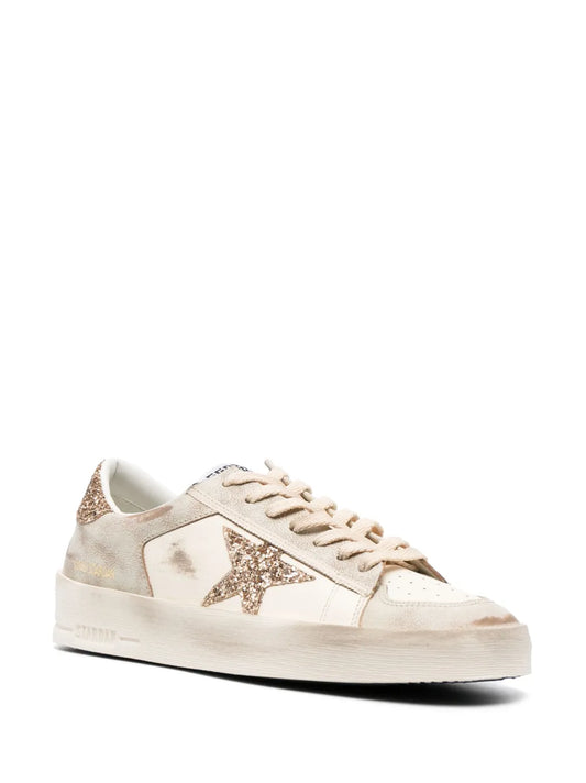 Golden Goose Stardan in ecru nappa leather with gold glitter star and heel tab