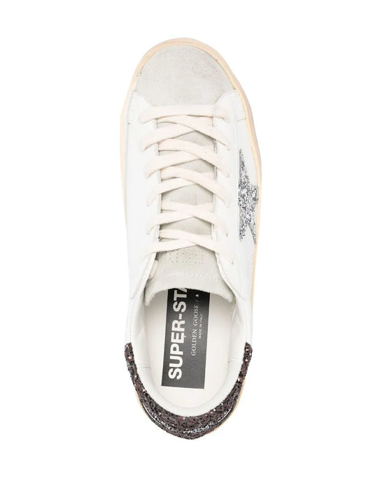 Golden Goose Super-Star with silver star and brown glitter heel tab