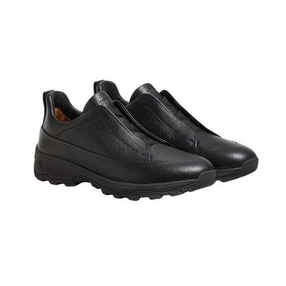 Zegna - Triple Stitch Monte Grained Calf Leather Black Slip On Sneakers