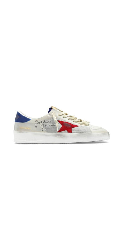 Golden Goose Stardan in laminated silver nylon with burgundy suede star