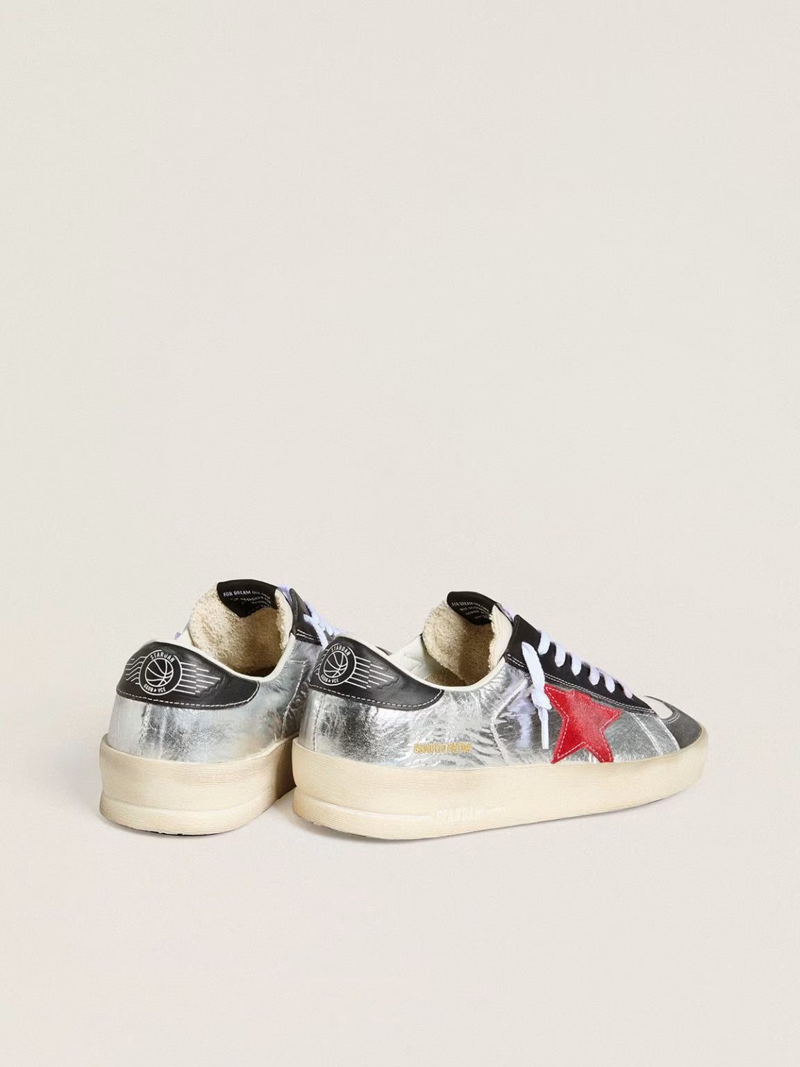 Golden Goose Stardan in laminated silver nylon with burgundy suede star
