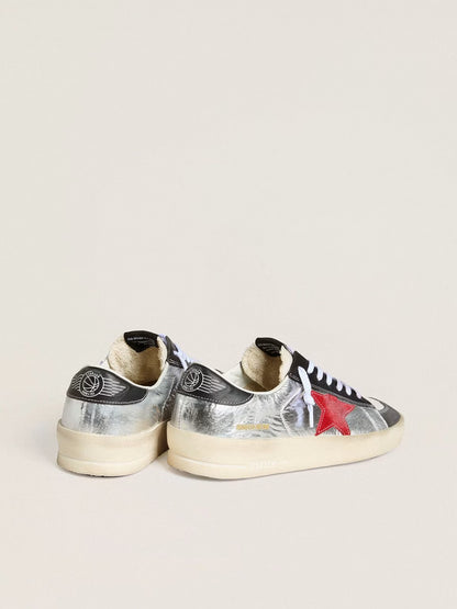 Golden Goose Stardan in laminated silver nylon with burgundy suede star