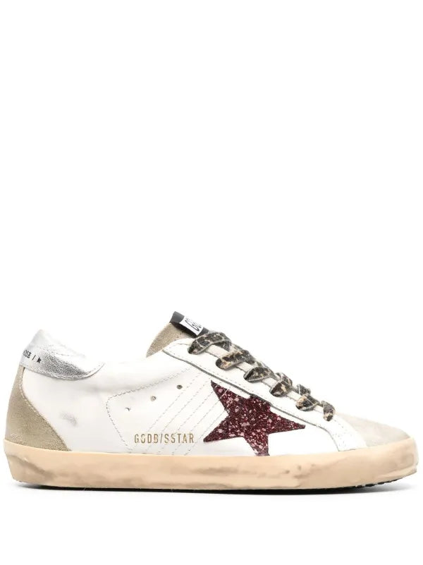Golden Goose Super-Star With Burgundy Glitter Star And Silver Heel Tab