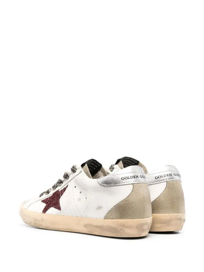 Golden Goose Super-Star With Burgundy Glitter Star And Silver Heel Tab
